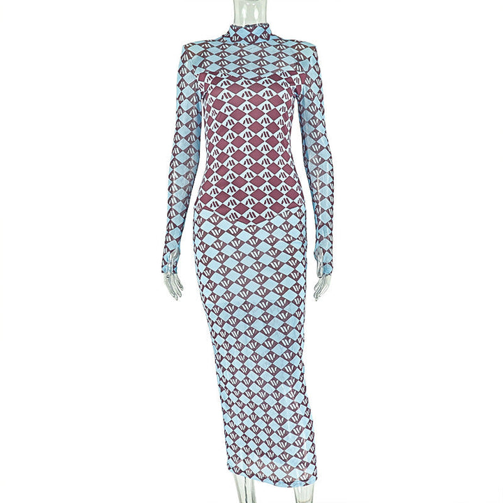 High neck long sleeve mesh print maxi dress  | Festival Outfits Women