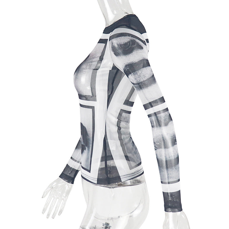 Long sleeve abstract crewneck mesh top  | Festival Outfits Women