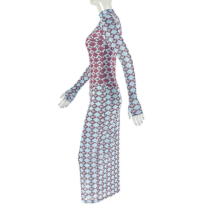 High neck long sleeve mesh print maxi dress  | Festival Outfits Women