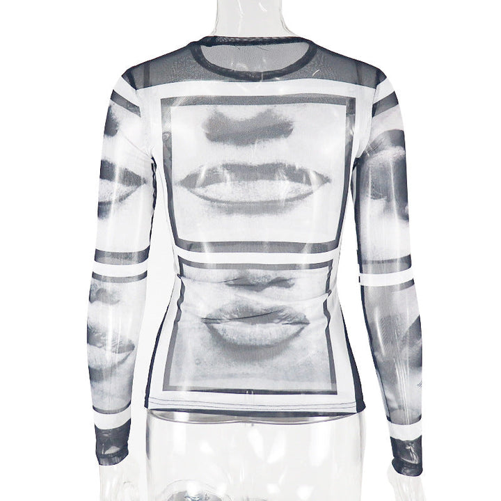 Long sleeve abstract crewneck mesh top  | Festival Outfits Women
