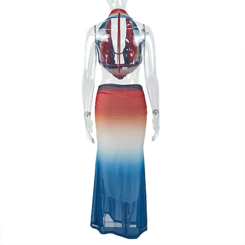 Cowl neck halter gradient backless maxi skirt set  | Festival Outfits Women