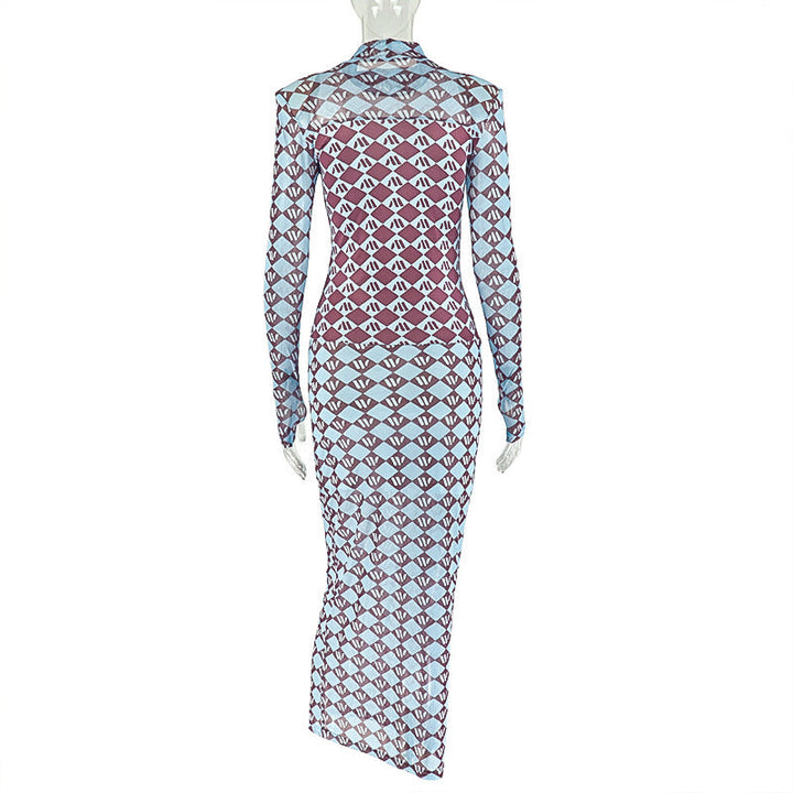 High neck long sleeve mesh print maxi dress  | Festival Outfits Women