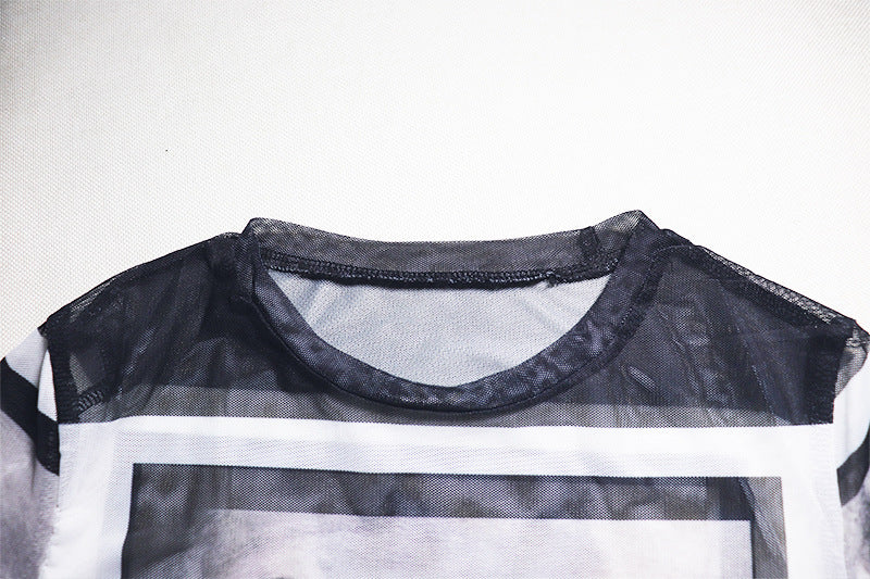 Long sleeve abstract crewneck mesh top  | Festival Outfits Women