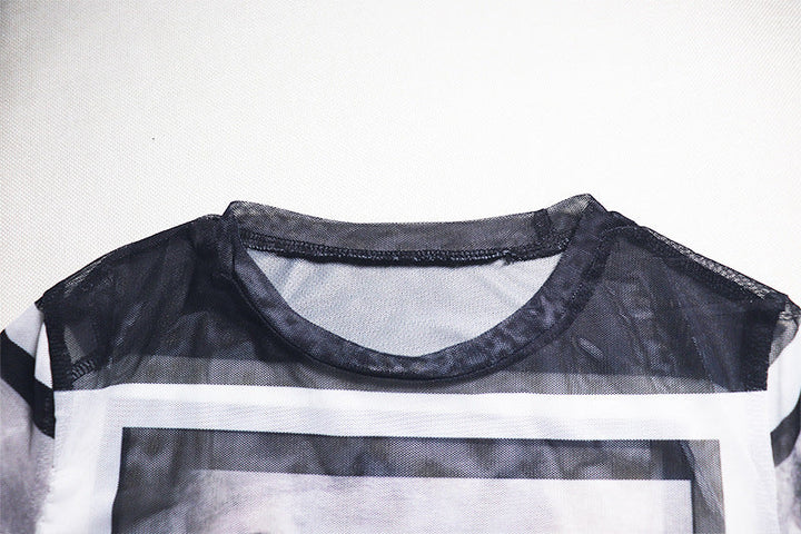 Long sleeve abstract crewneck mesh top  | Festival Outfits Women