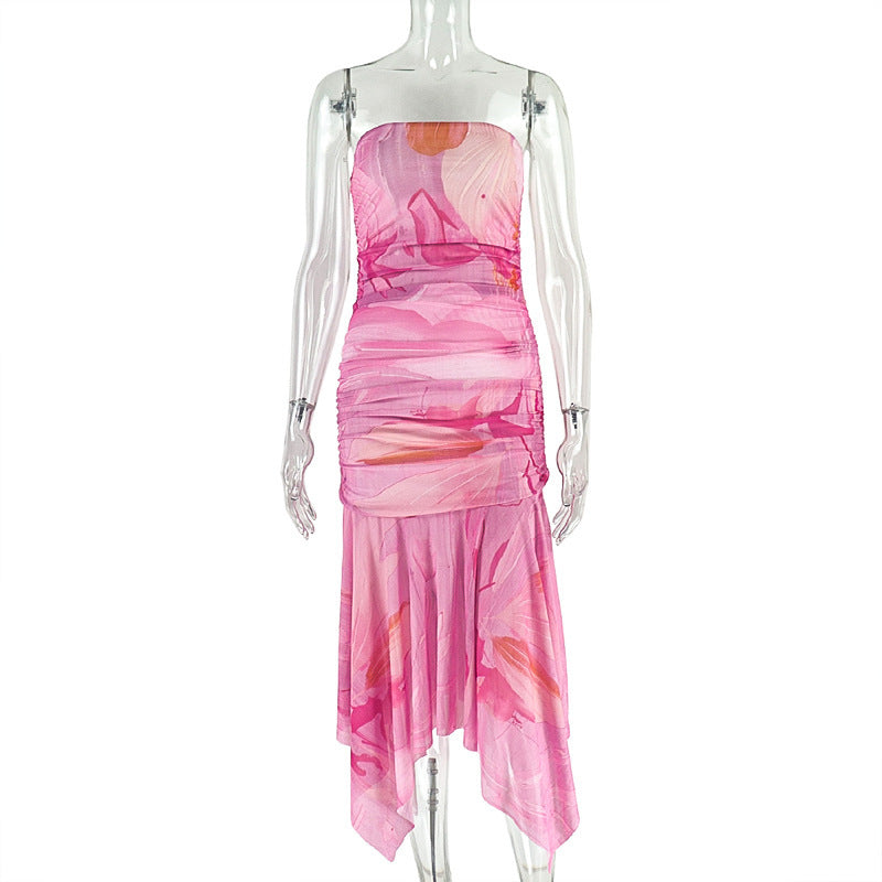 Irregular print mesh tube maxi dress  | Festival Outfits Women