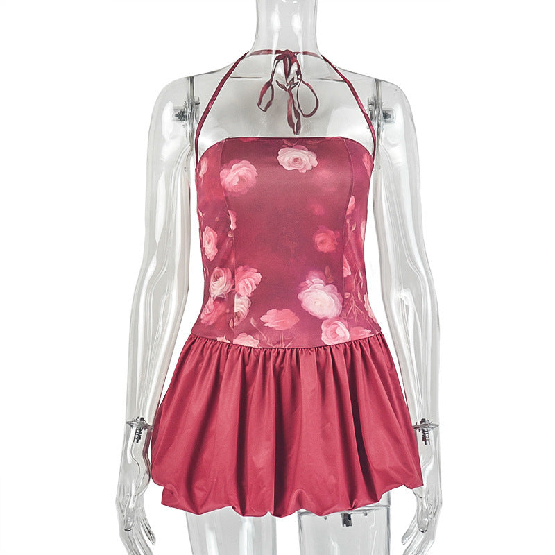 Halter flower print self tie ruched mini dress  | Festival Outfits Women