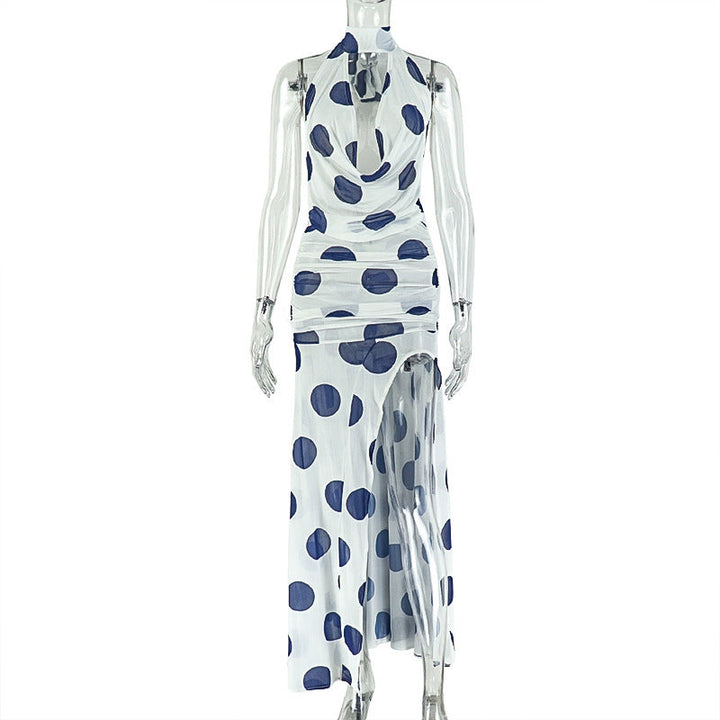 Halter high slit polka dot ruched mesh maxi dress  | Festival Outfits Women