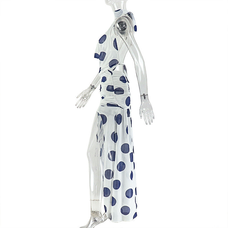 Halter high slit polka dot ruched mesh maxi dress  | Festival Outfits Women