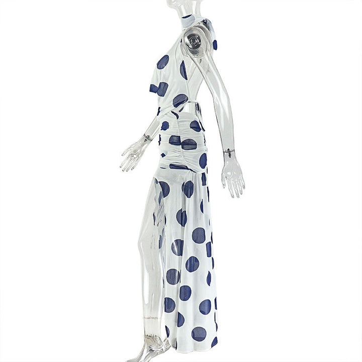 Halter high slit polka dot ruched mesh maxi dress  | Festival Outfits Women