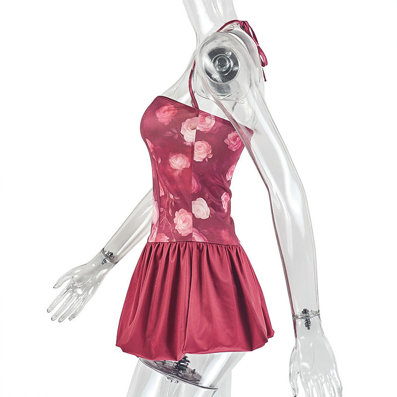 Halter flower print self tie ruched mini dress  | Festival Outfits Women