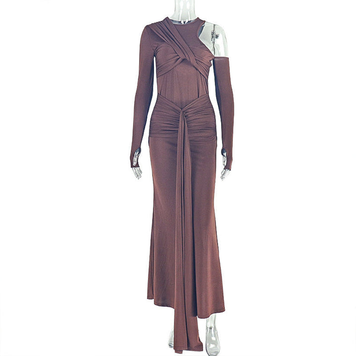 Crewneck long sleeve ruched hollow out cut out maxi dress  | Festival Outfits Women