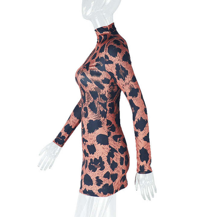 High neck leopard print long sleeve mini dress  | Festival Outfits Women  | Leopard Print Mini Dress
