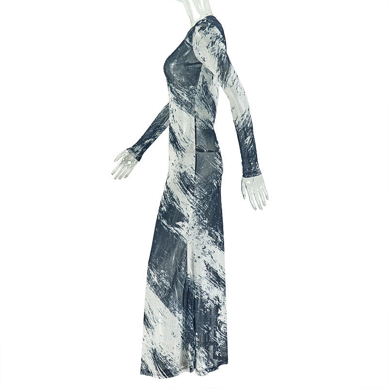 Long sleeve mesh crewneck contrast maxi dress  | Festival Outfits Women