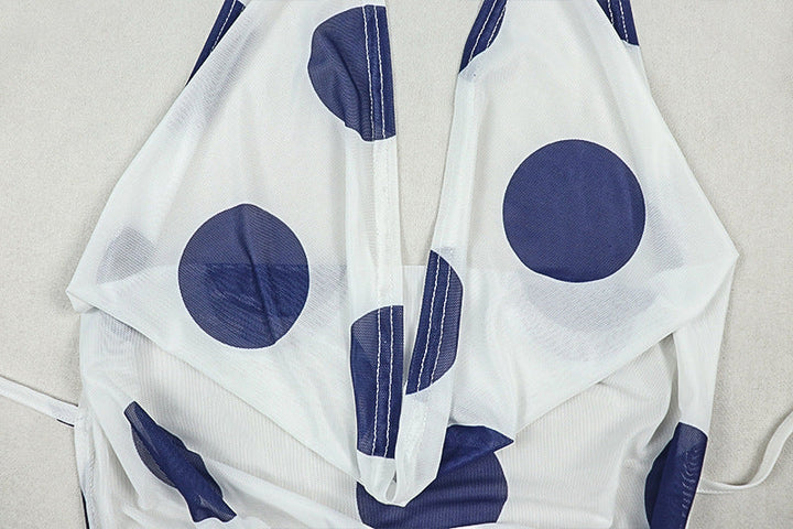 Halter high slit polka dot ruched mesh maxi dress  | Festival Outfits Women