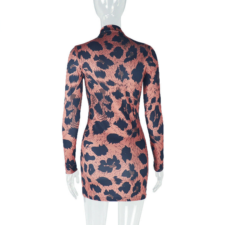 High neck leopard print long sleeve mini dress  | Festival Outfits Women  | Leopard Print Mini Dress