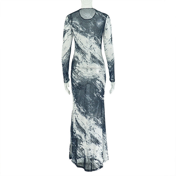 Long sleeve mesh crewneck contrast maxi dress  | Festival Outfits Women
