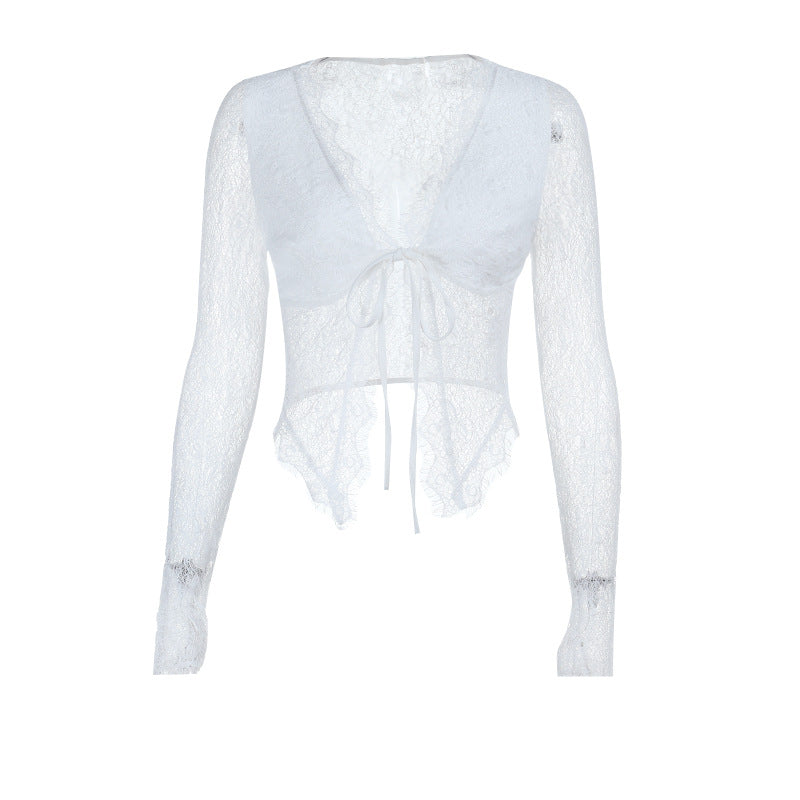 Long sleeve lace v neck self tie crop top  | Festival Outfits Women