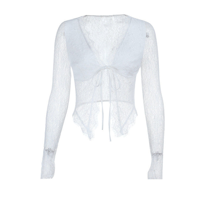 Long sleeve lace v neck self tie crop top  | Festival Outfits Women