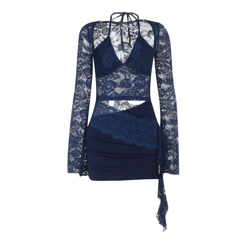 Long sleeve lace halter self tie ruched mini dress  | Festival Outfits Women