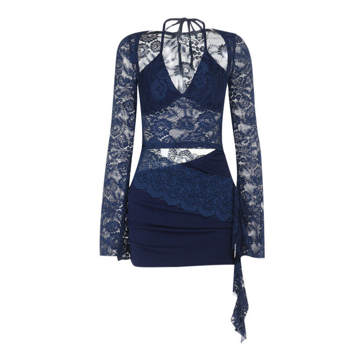 Long sleeve lace halter self tie ruched mini dress  | Festival Outfits Women