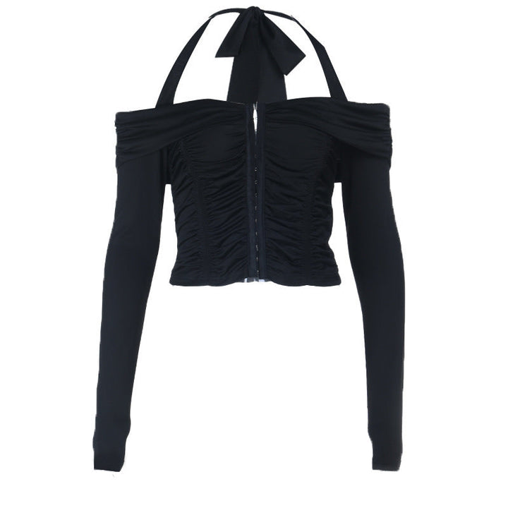 Halter self tie off shoulder button ruched top  | Festival Outfits Women