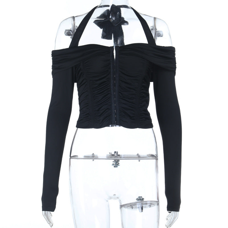 Halter self tie off shoulder button ruched top  | Festival Outfits Women