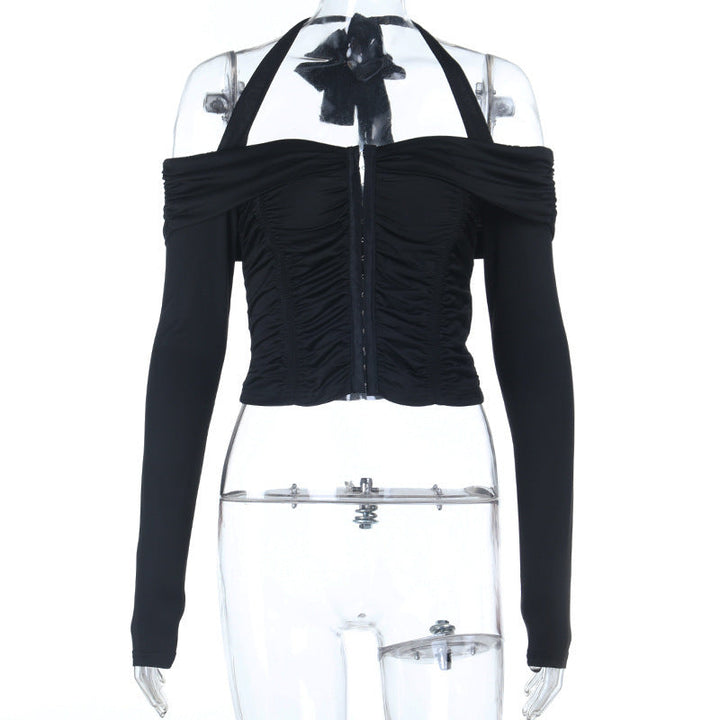 Halter self tie off shoulder button ruched top  | Festival Outfits Women