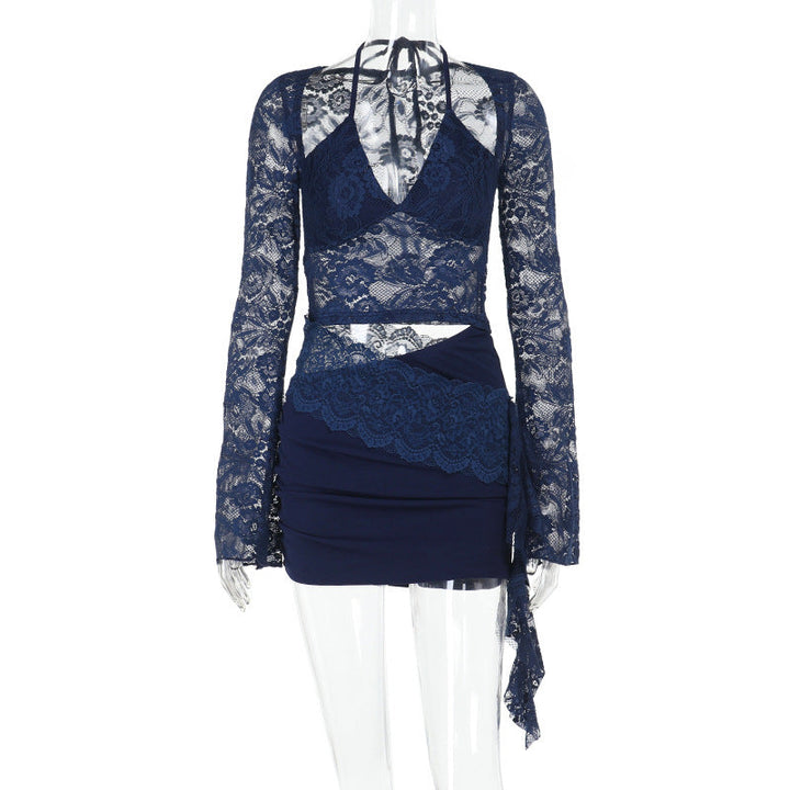 Long sleeve lace halter self tie ruched mini dress  | Festival Outfits Women