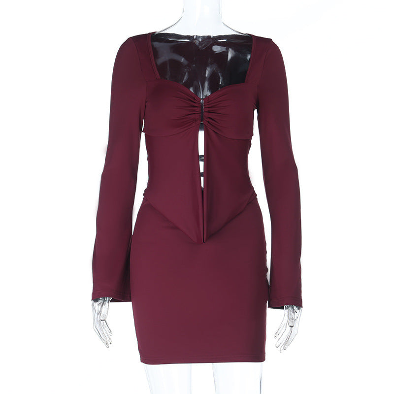Ruched long sleeve v neck self tie mini dress  | Festival Outfits Women