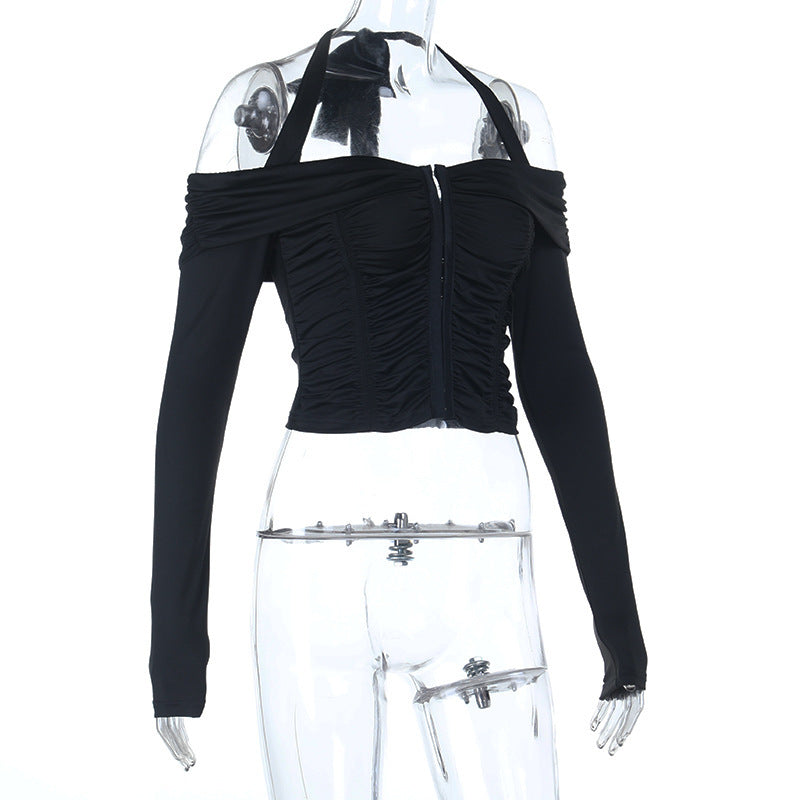 Halter self tie off shoulder button ruched top  | Festival Outfits Women