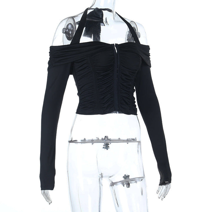 Halter self tie off shoulder button ruched top  | Festival Outfits Women