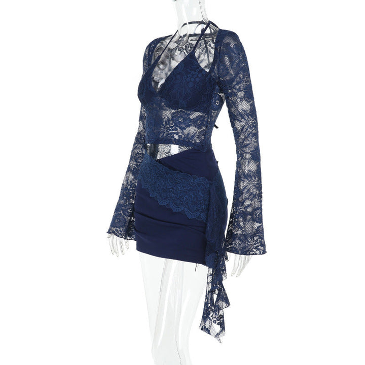 Long sleeve lace halter self tie ruched mini dress  | Festival Outfits Women