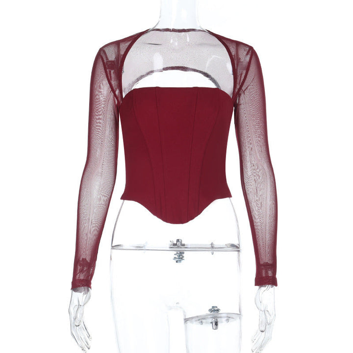 Long sleeve mesh square neck zip-up corset top  | Festival Outfits Women