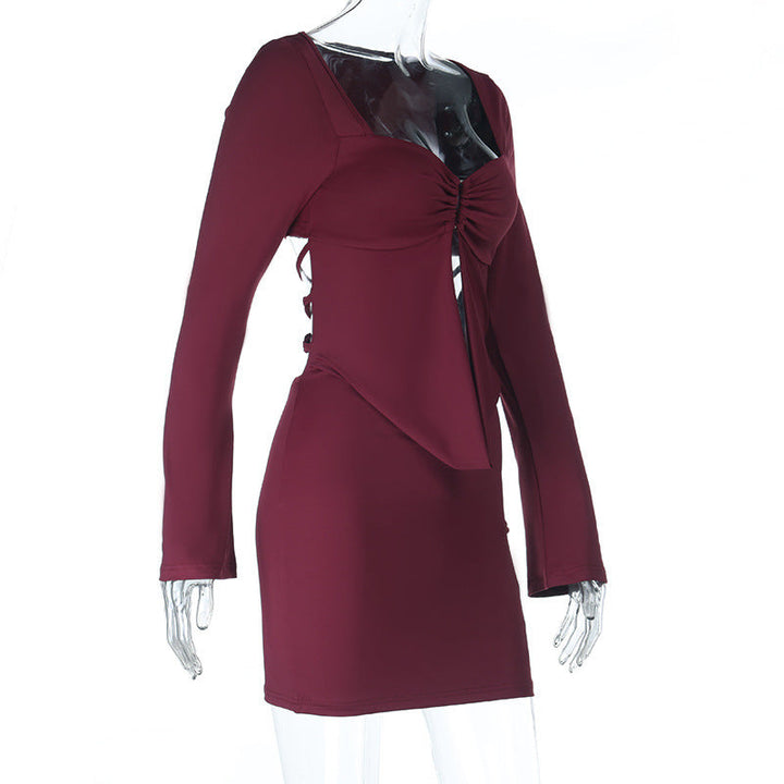 Ruched long sleeve v neck self tie mini dress  | Festival Outfits Women