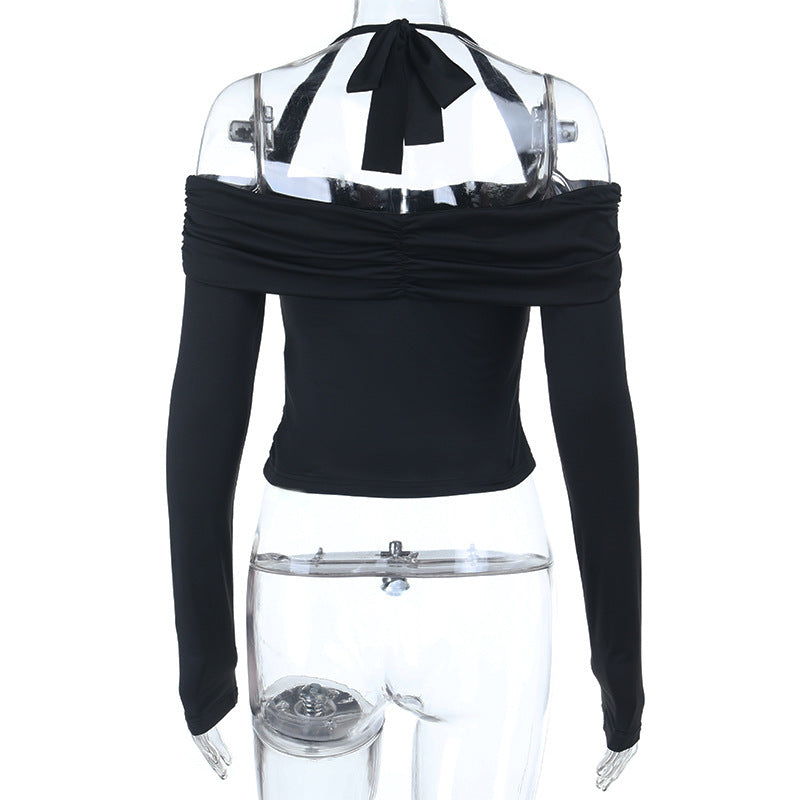 Halter self tie off shoulder button ruched top  | Festival Outfits Women
