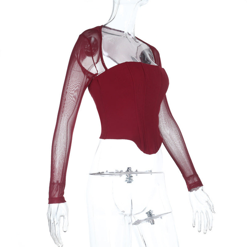 Long sleeve mesh square neck zip-up corset top  | Festival Outfits Women