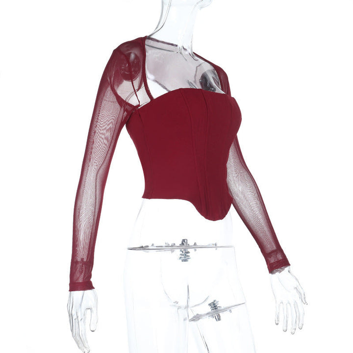 Long sleeve mesh square neck zip-up corset top  | Festival Outfits Women