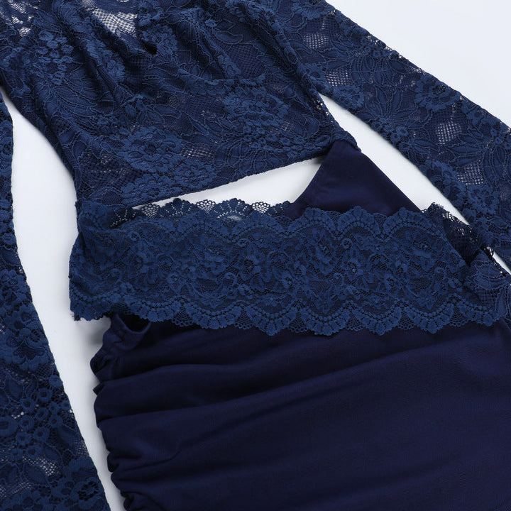 Long sleeve lace halter self tie ruched mini dress  | Festival Outfits Women