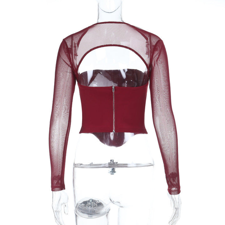 Long sleeve mesh square neck zip-up corset top  | Festival Outfits Women