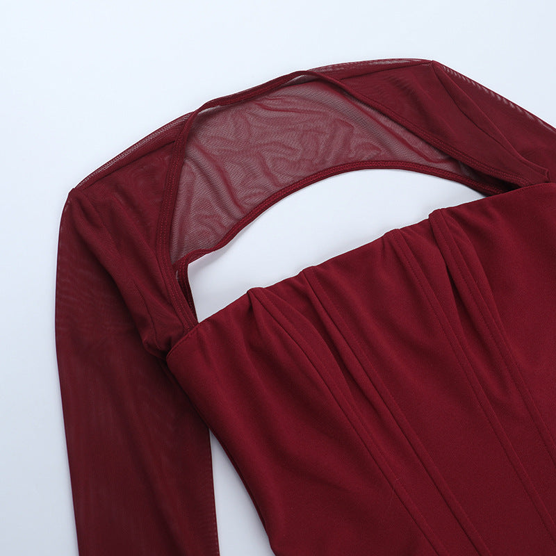 Long sleeve mesh square neck zip-up corset top  | Festival Outfits Women
