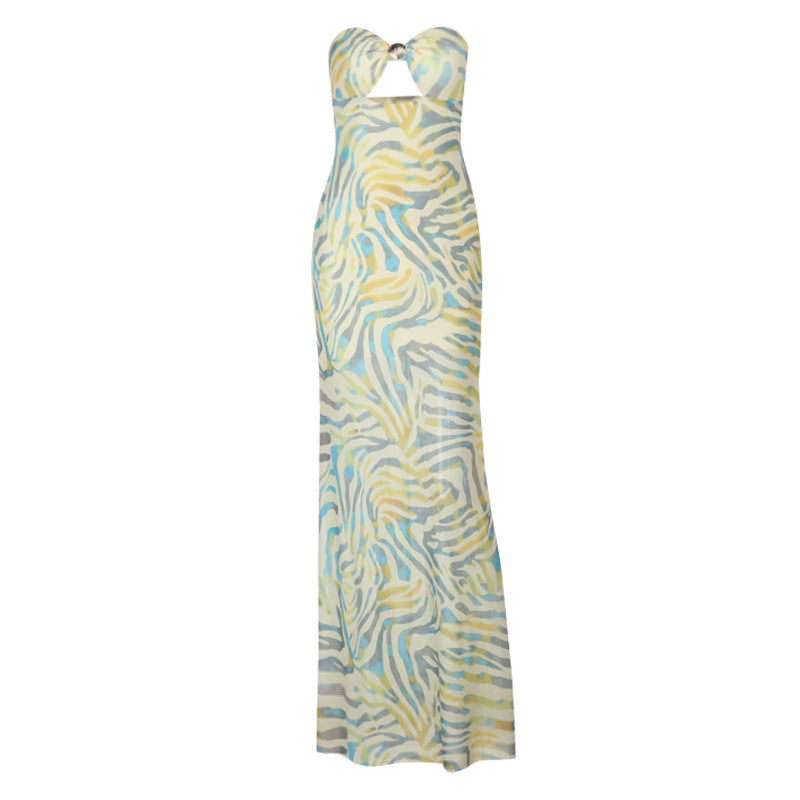 Ripple print hollow out mesh tube cut out maxi dress  | Festival Outfits Women