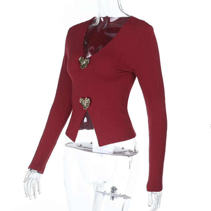 Long sleeve v neck slit solid top  | Festival Outfits Women