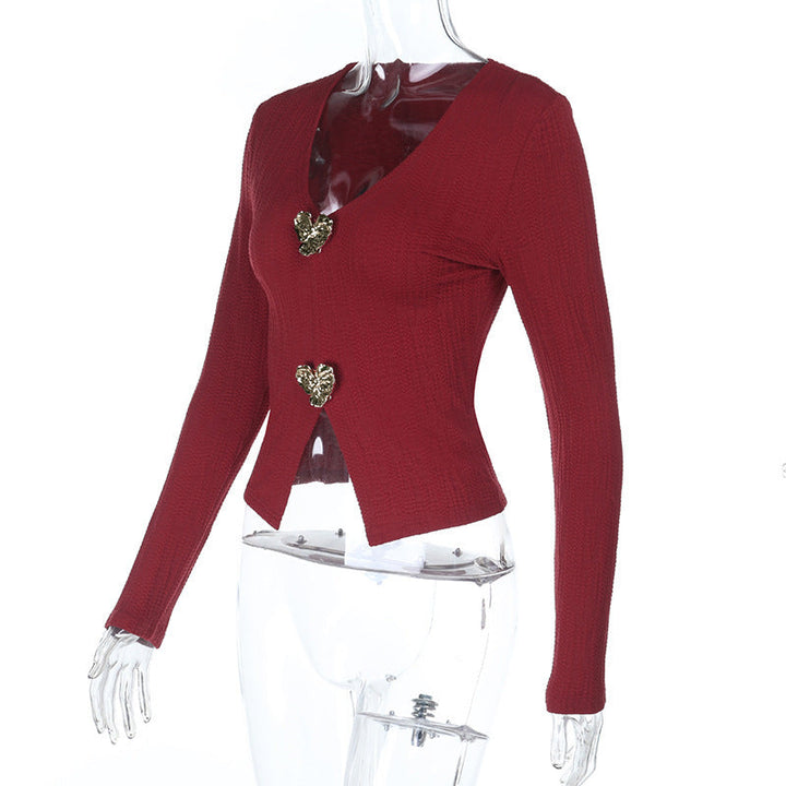 Long sleeve v neck slit solid top  | Festival Outfits Women