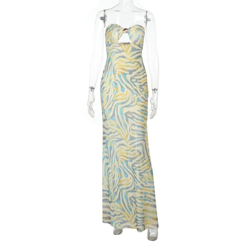 Ripple print hollow out mesh tube cut out maxi dress  | Festival Outfits Women