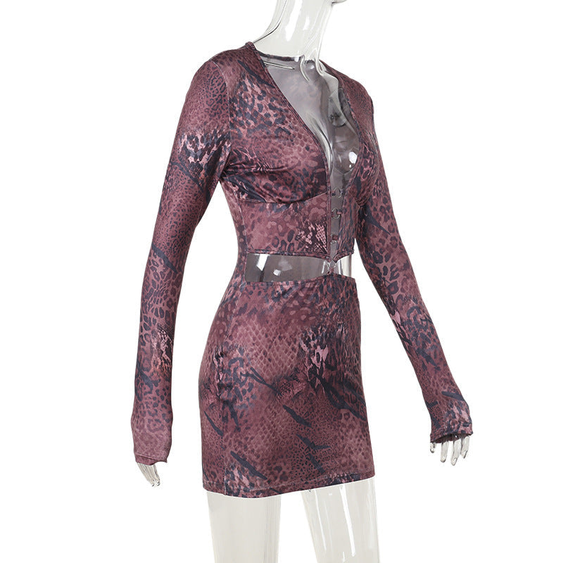 Long sleeve deep v neck print hollow out cut out mini dress  | Festival Outfits Women