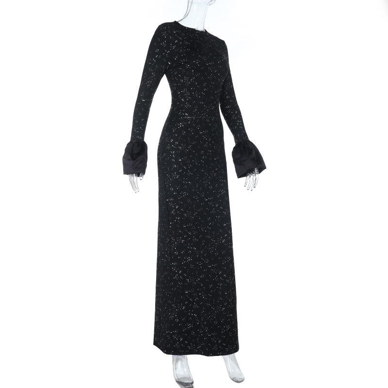 Long flared sleeve crewneck slit maxi dress  | Festival Outfits Women