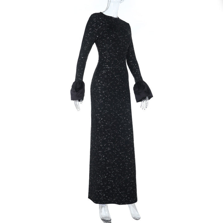 Long flared sleeve crewneck slit maxi dress  | Festival Outfits Women
