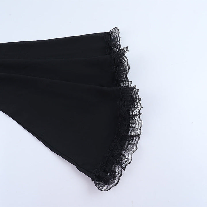 Long flared sleeve high neck lace hem solid top  | Festival Outfits Women