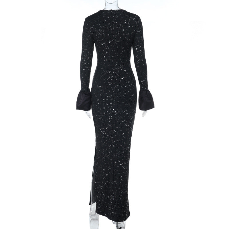 Long flared sleeve crewneck slit maxi dress  | Festival Outfits Women