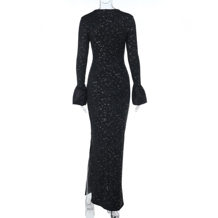 Long flared sleeve crewneck slit maxi dress  | Festival Outfits Women